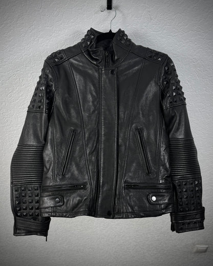 True Religion Studded Sheepskin Leather Biker Jacket