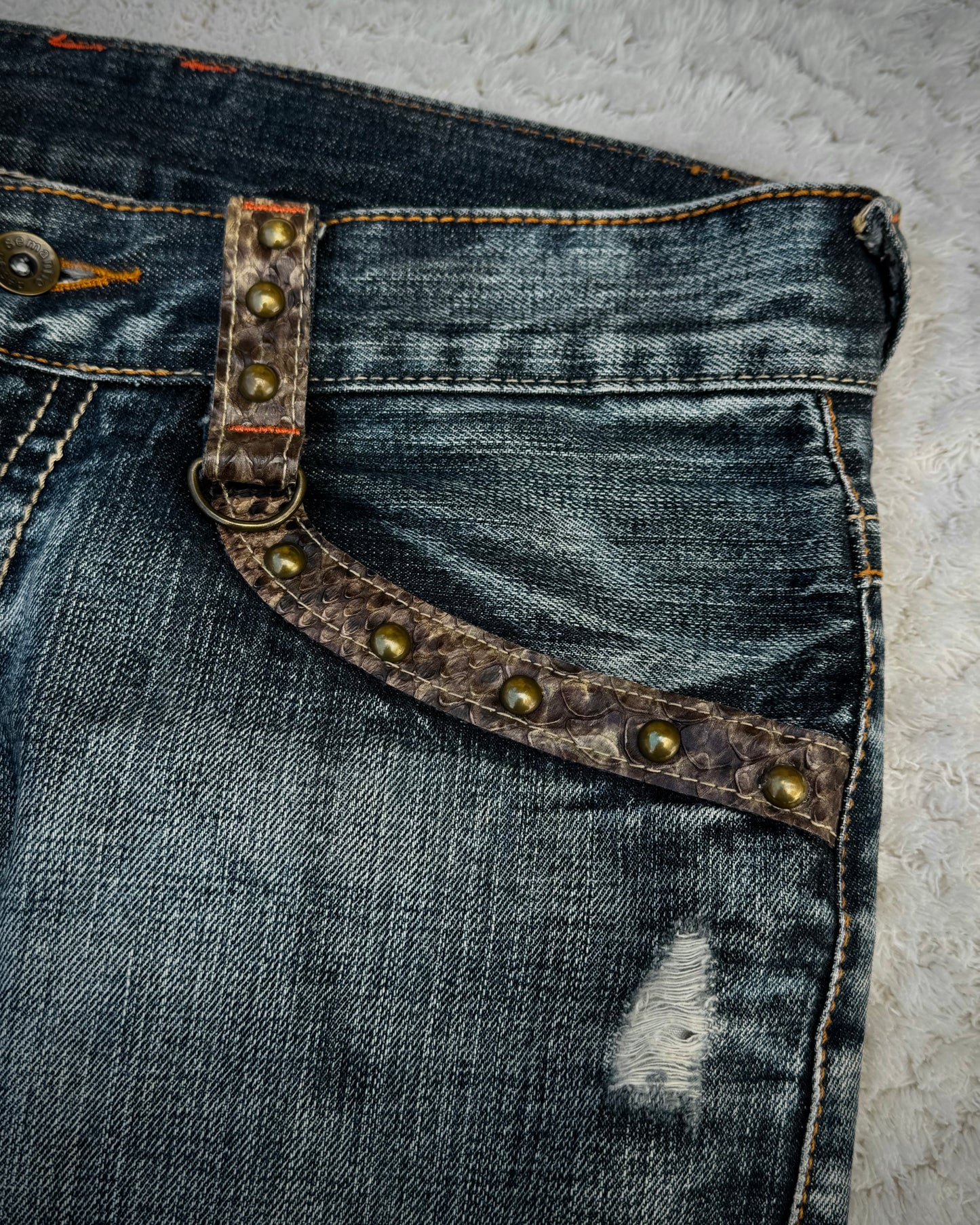 Semantic Design Studded Python Lace Up Flared Jeans