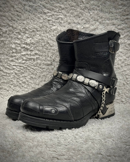 New Rock Chained Belted Steel Heel Leather Boots