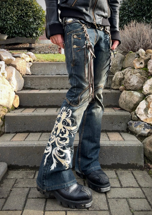 Tornado Mart Tribal Tattoo Embroidery Flared Jeans