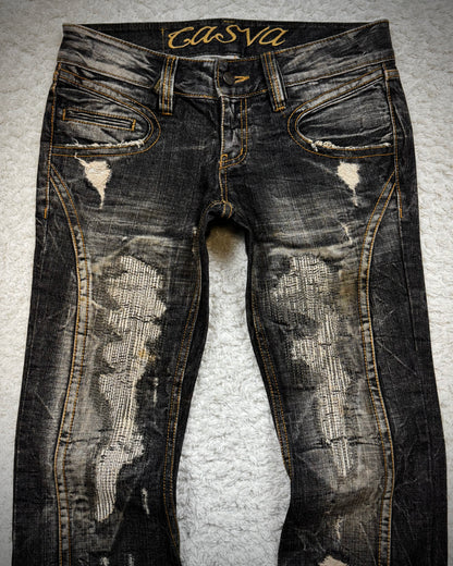 Casva Repaired Distressing Vintage Flared Jeans