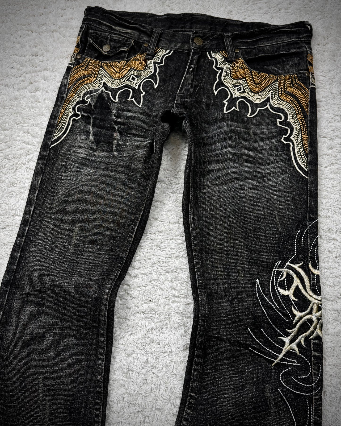 Tornado Mart Cyber Tribal Embroidery Flared Jeans