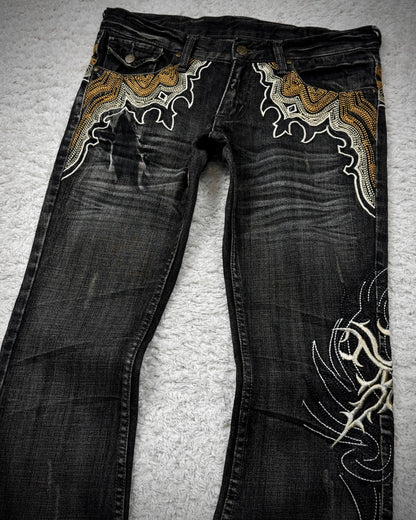 Tornado Mart Cyber Tribal Embroidery Flared Jeans
