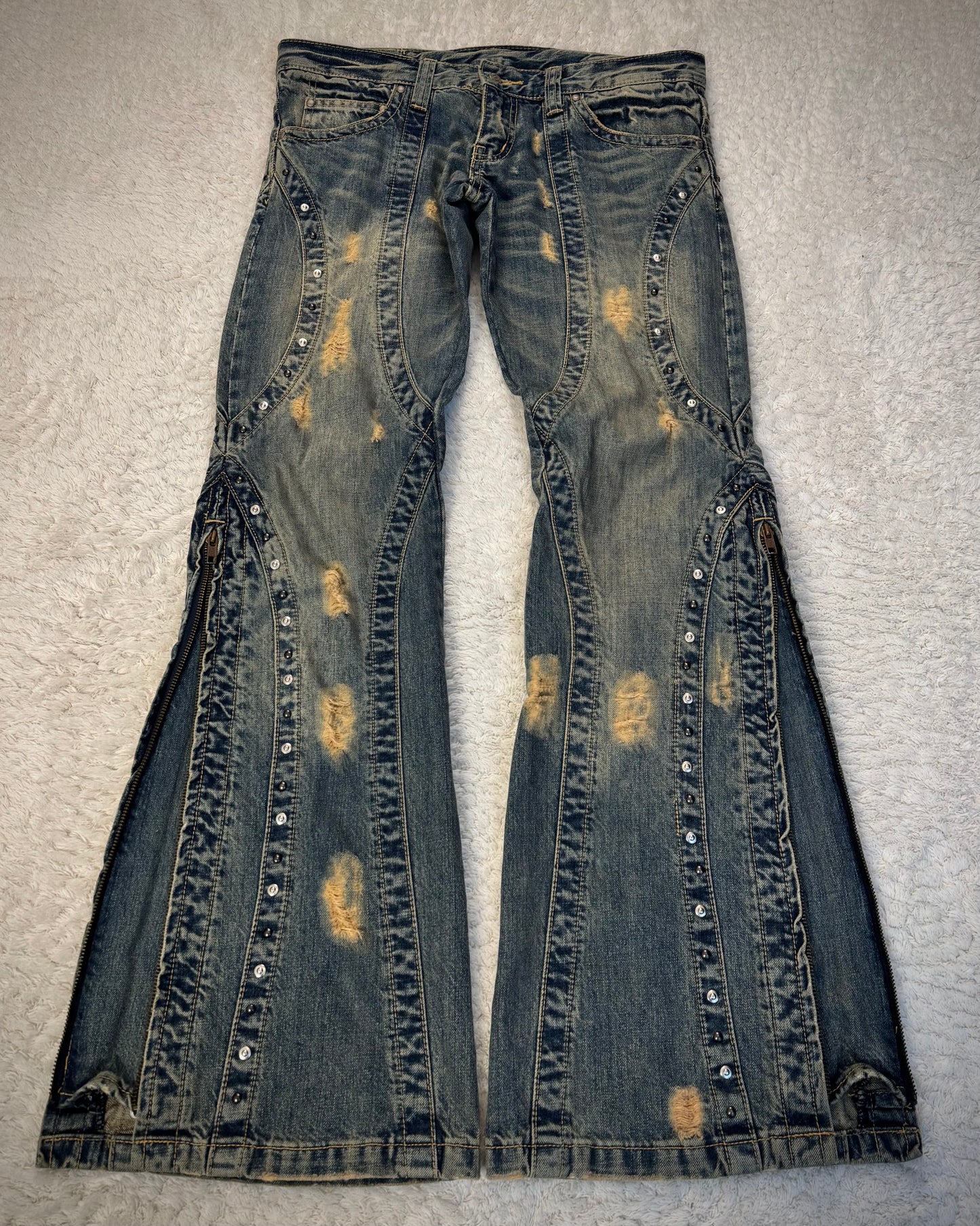 Tornado Mart Studded Mud Washed Zipper Flared Jeans