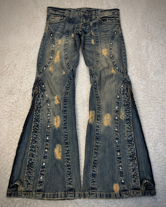 Tornado Mart Studded Mud Washed Zipper Flared Jeans