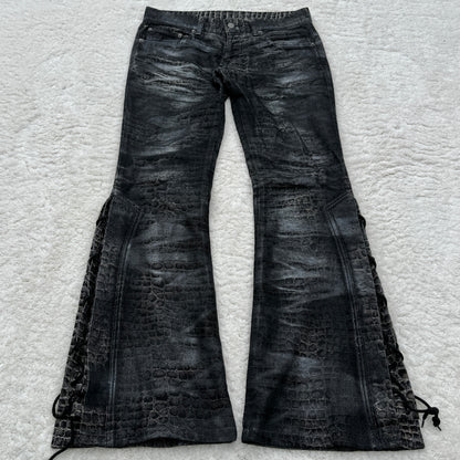 Tornado Mart Crocodile Skin Flared Lace-Up Pants