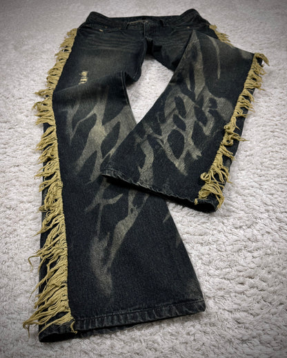 Black Baccara Fringed Zebra Washed Flared Jeans