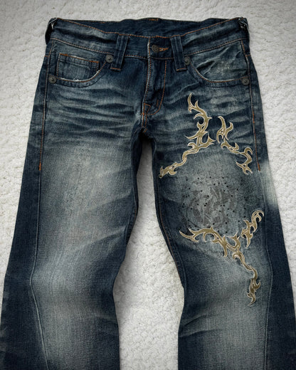 Tornado Mart Tribal Embroidery Spiral Flared Jeans