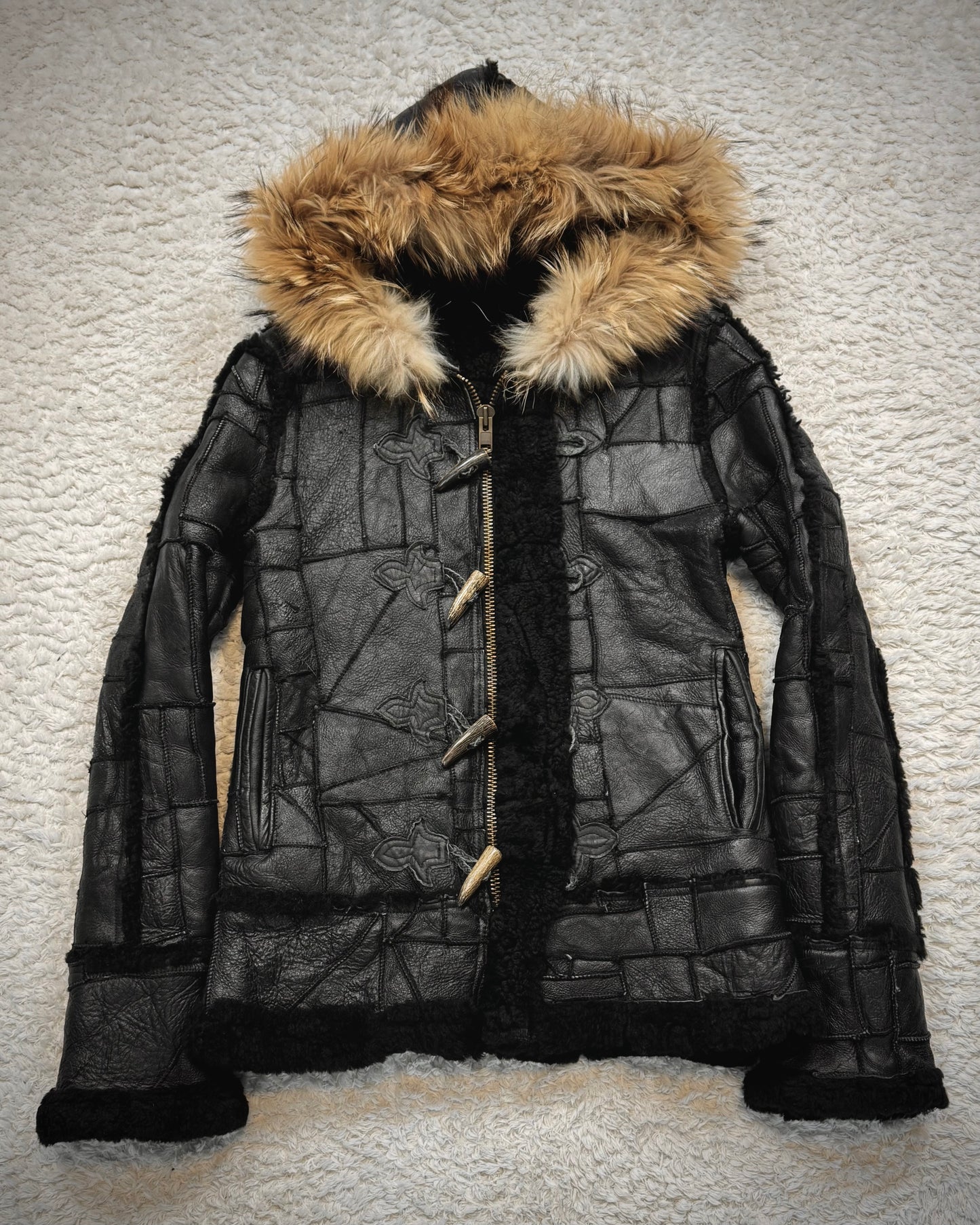 Royal Flash Fur Hood Leather Patchwork Jacket