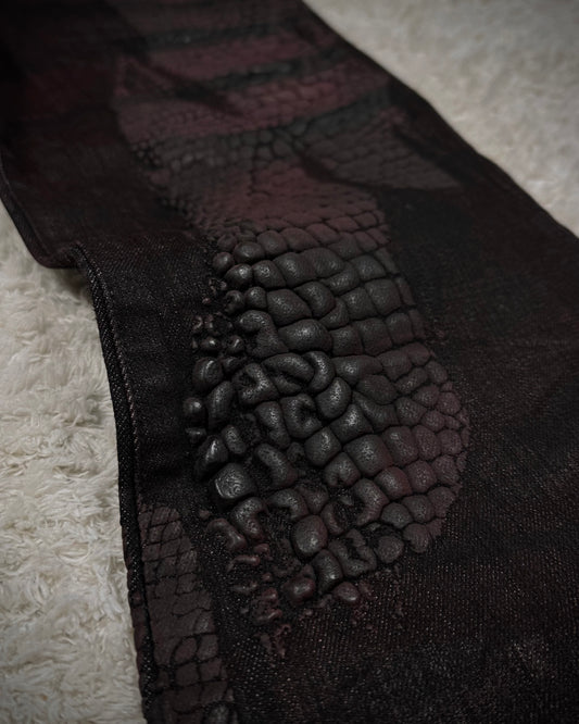 Tornado Mart 3D Python Coated Whisker Waxed Flared Jeans
