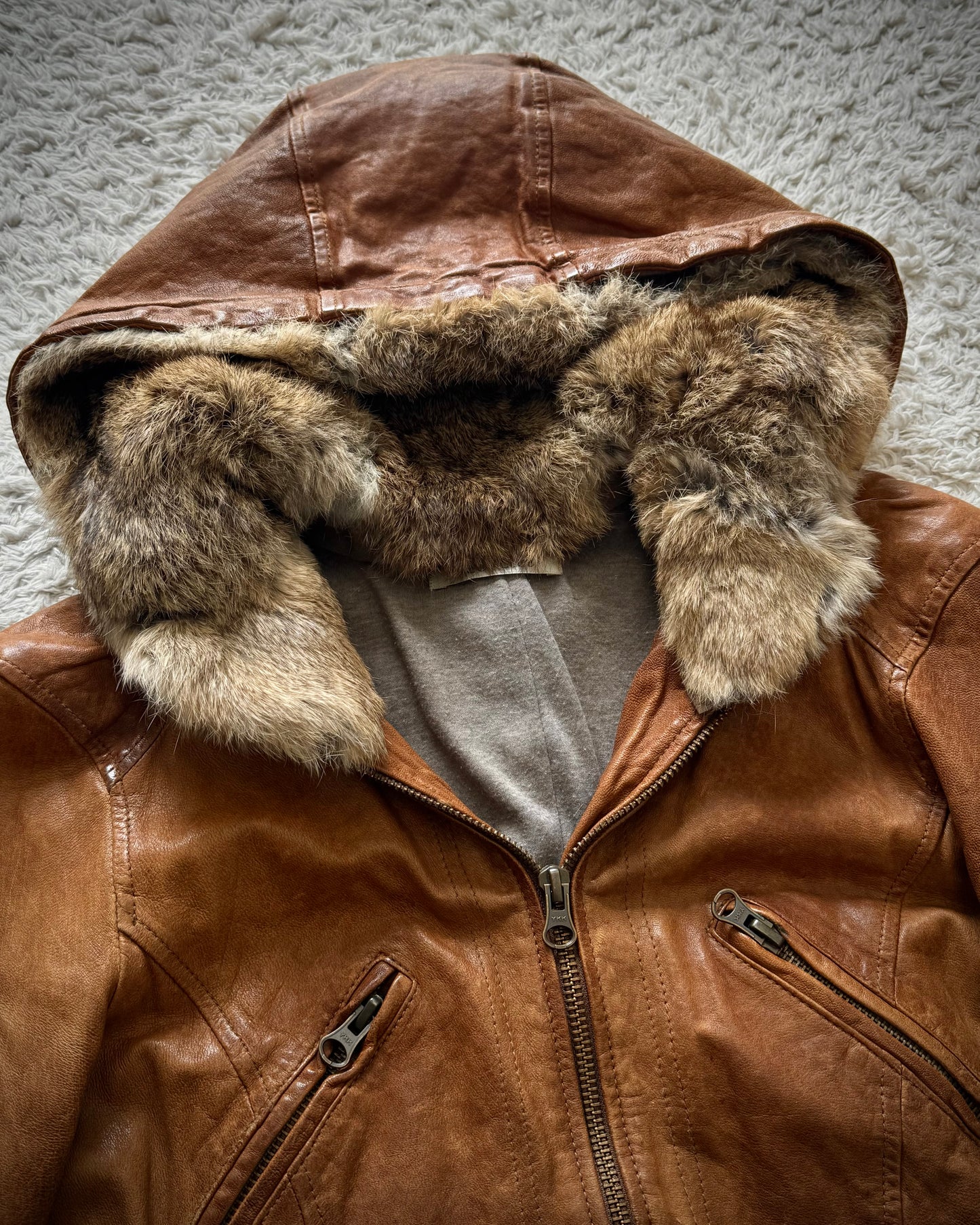 Scot Club Rabbit Fur Hooded Leather Jacket