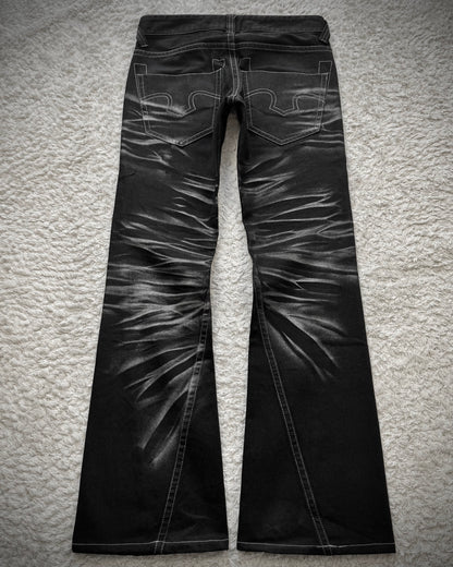 Tornado Mart Metallic Clawmarks Coated Spiral Flared Jeans