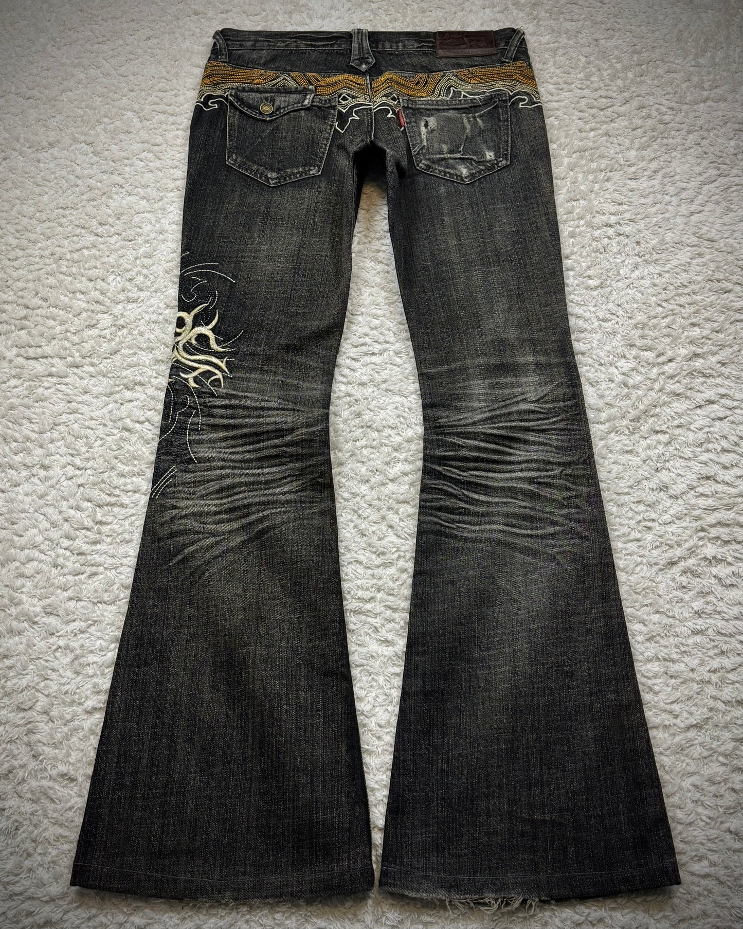 Tornado Mart Cyber Tribal Embroidery Flared Jeans