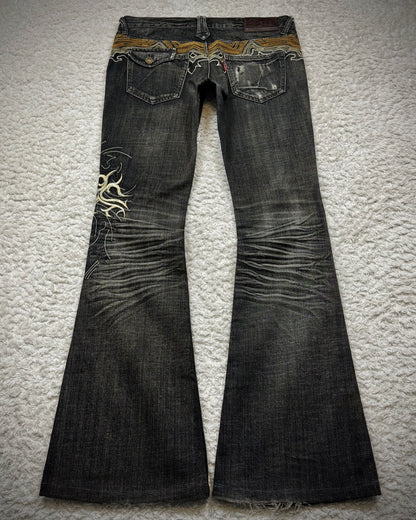 Tornado Mart Cyber Tribal Embroidery Flared Jeans