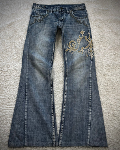Tornado Mart Tribal Embroidery Spiral Flared Jeans