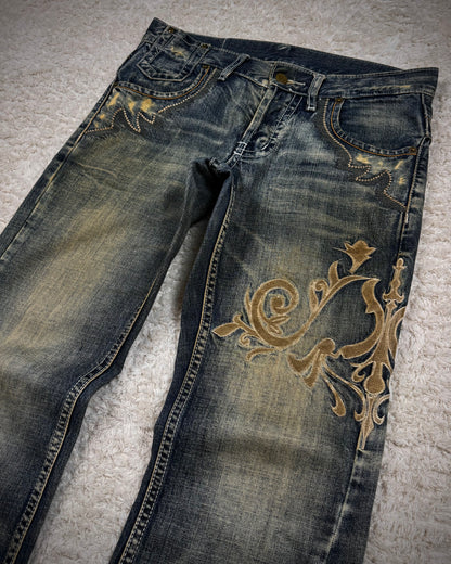 Tornado Mart Mud Washed Tribal Embroidery Flared Jeans