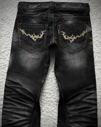 Tornado Mart Tribal Embroidery Whiskered Spiral Flared Jeans