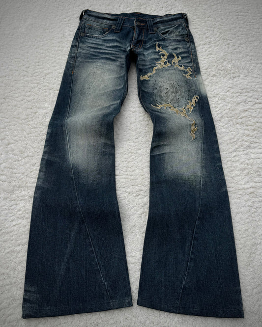 Tornado Mart Tribal Embroidery Spiral Flared Jeans