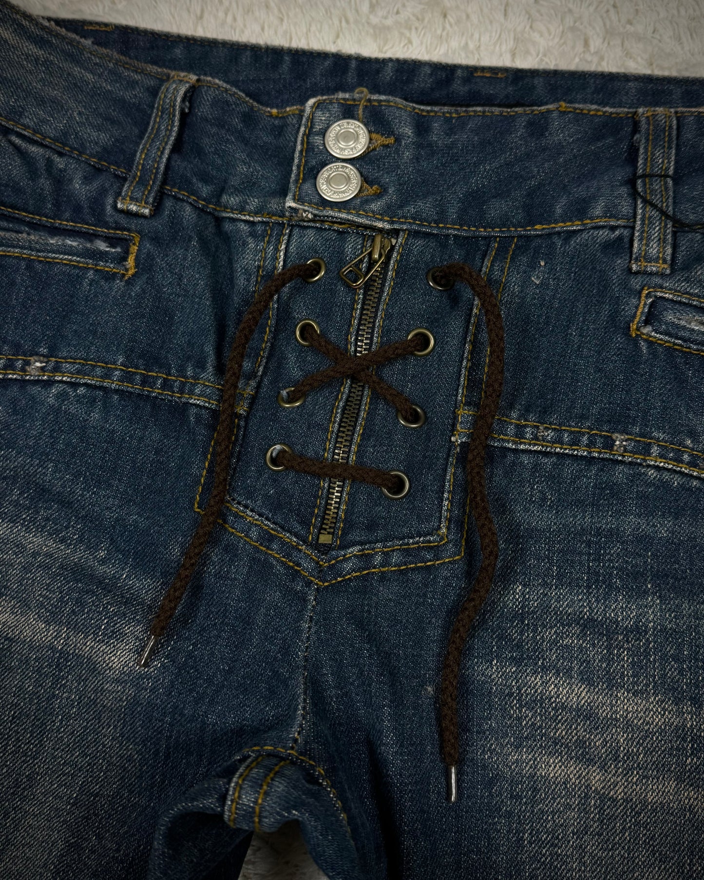 Fuga Lace Up Zipper Distressed Flared Jeans