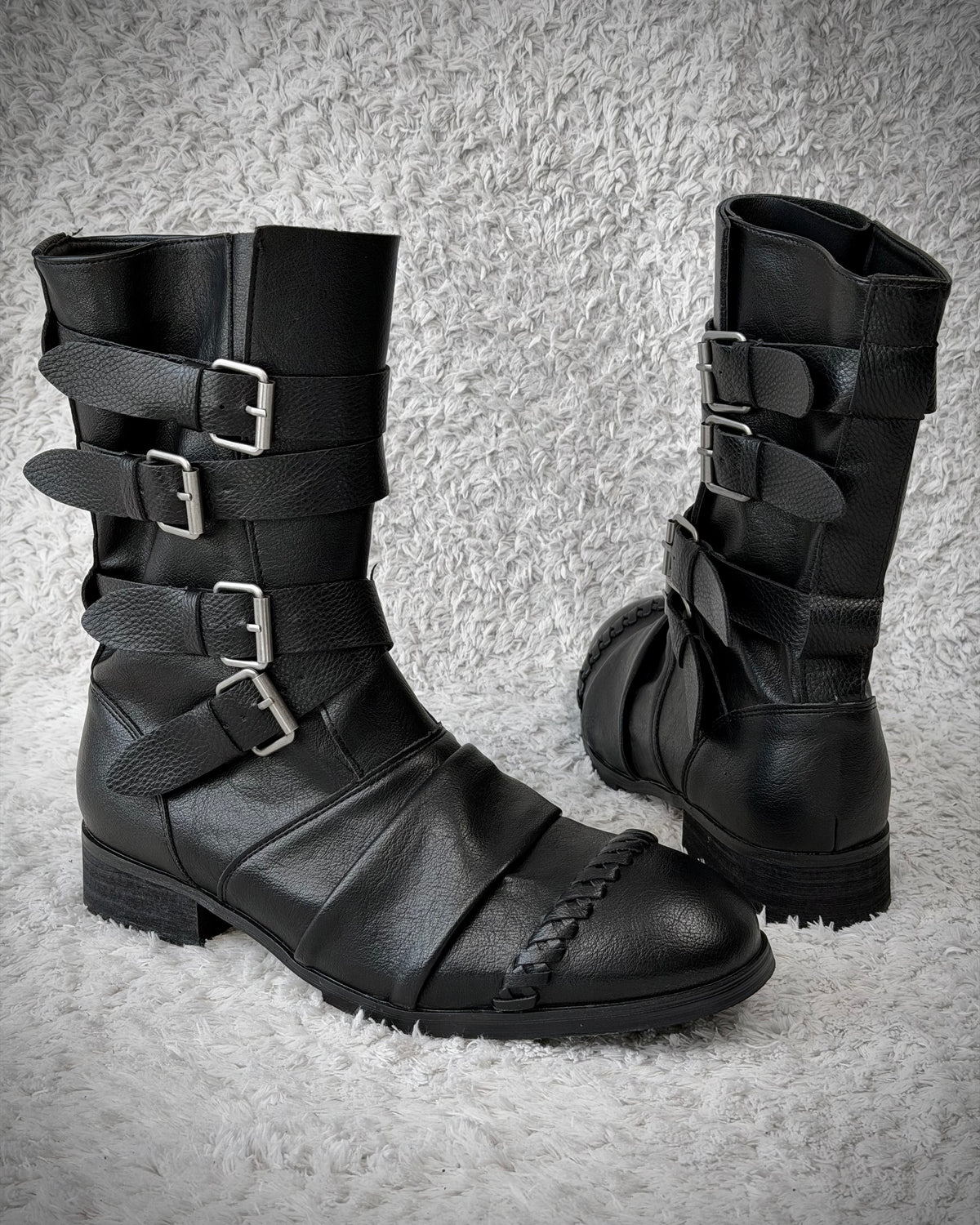 Scar Stitched Belted Wrinkled Leather Boots