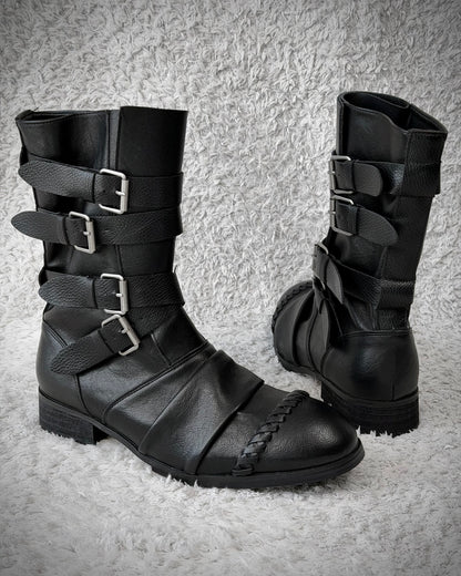 Scar Stitched Belted Wrinkled Leather Boots
