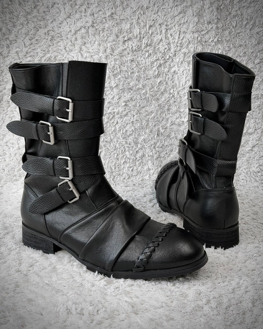 Scar Stitched Belted Wrinkled Leather Boots