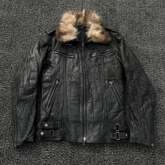 Shellac Textured Leather Fur Jacket