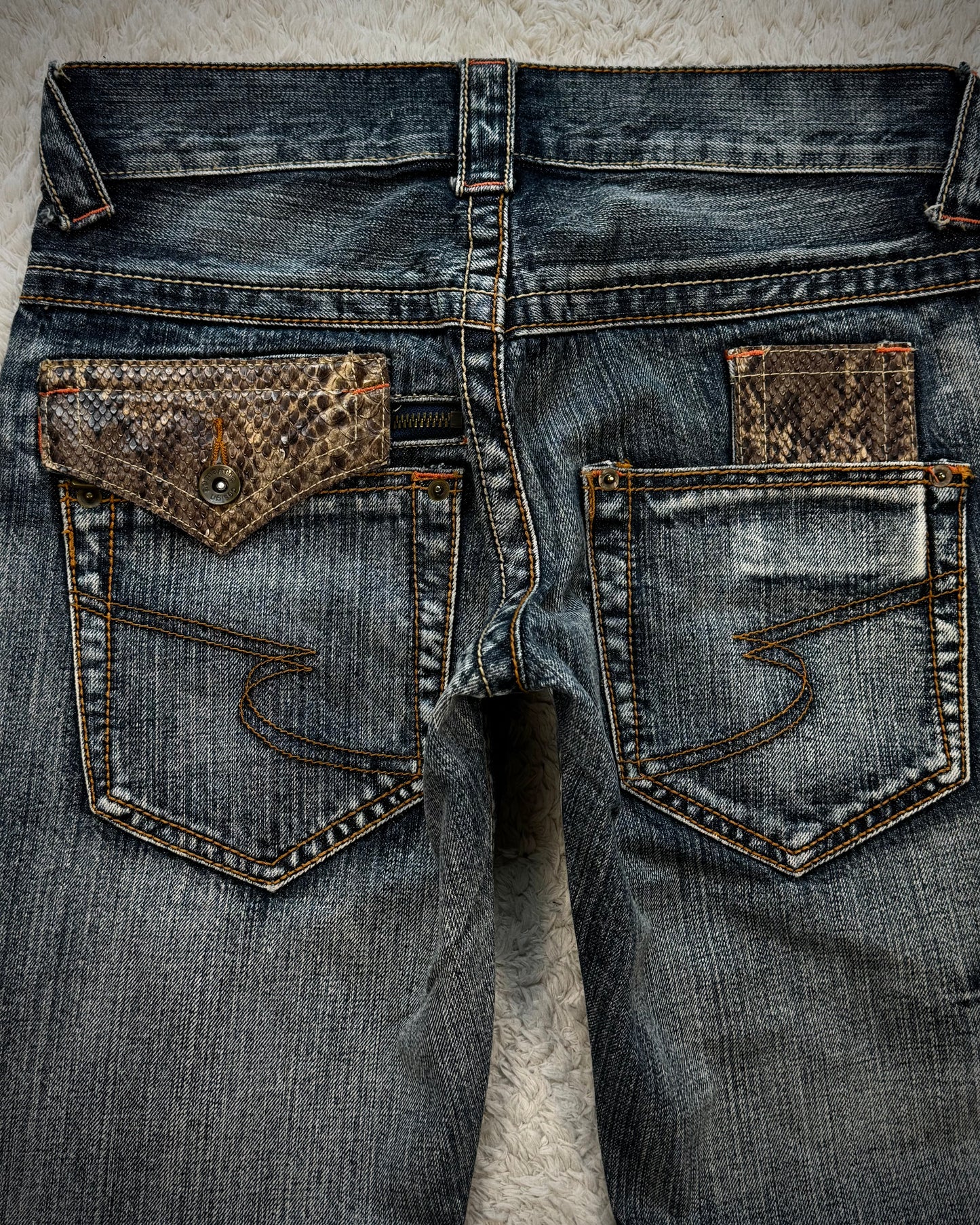 Semantic Design Python Pocket Detailed Spiral Flared Jeans