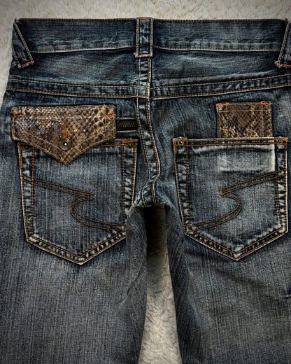 Semantic Design Python Pocket Detailed Spiral Flared Jeans
