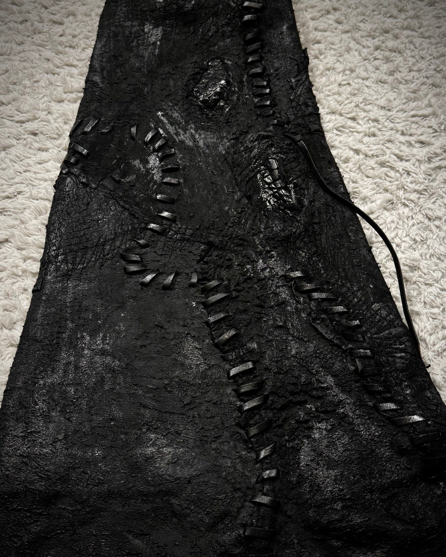 1vfudie “Noir” Scar Stitched Crocodile Leather Bell Bottom Flared Pants