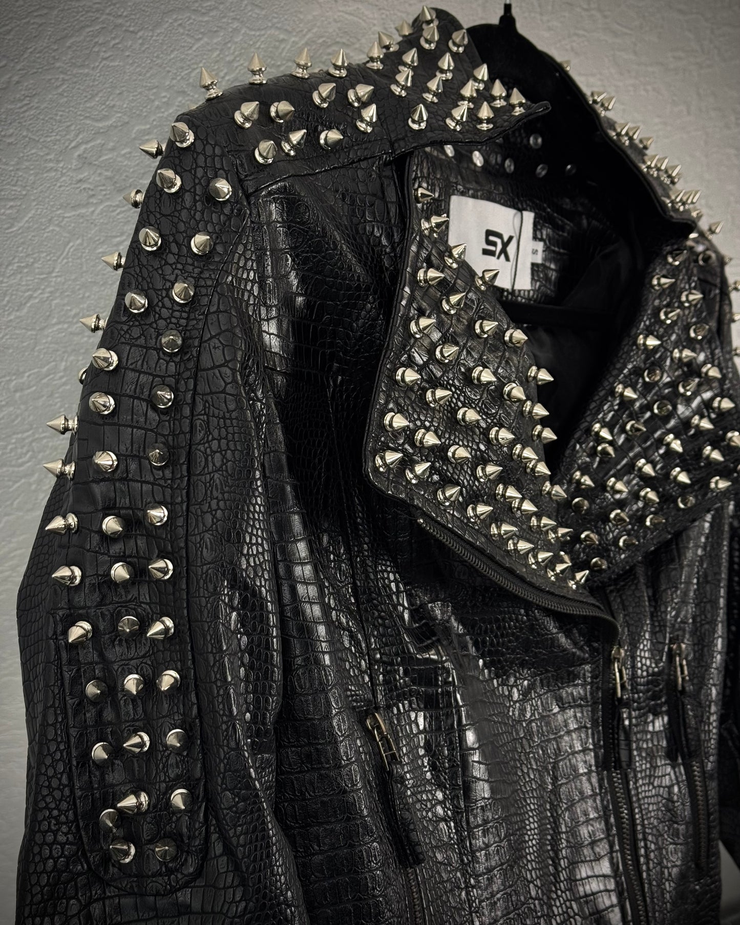 SX Honey Pot Crocodile Textured Studded Leather Jacket