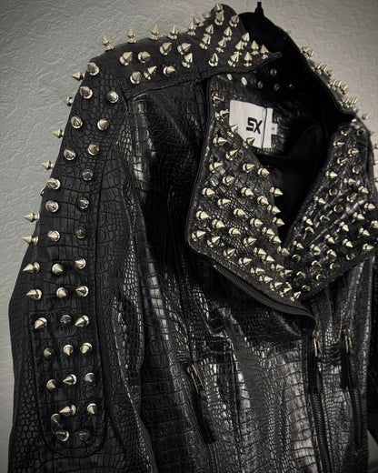 SX Honey Pot Crocodile Textured Studded Leather Jacket