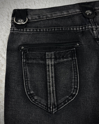 Cross Print Leather Hardware Detailed Wide Leg Bootcut Denim
