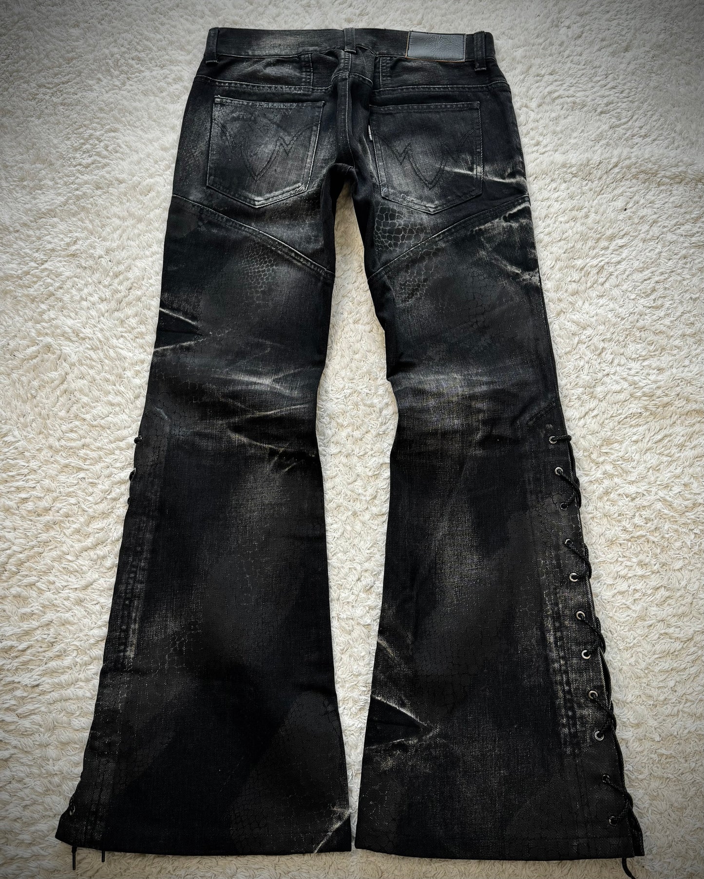 Tornado Mart Python Coated Lace Up Flared Jeans