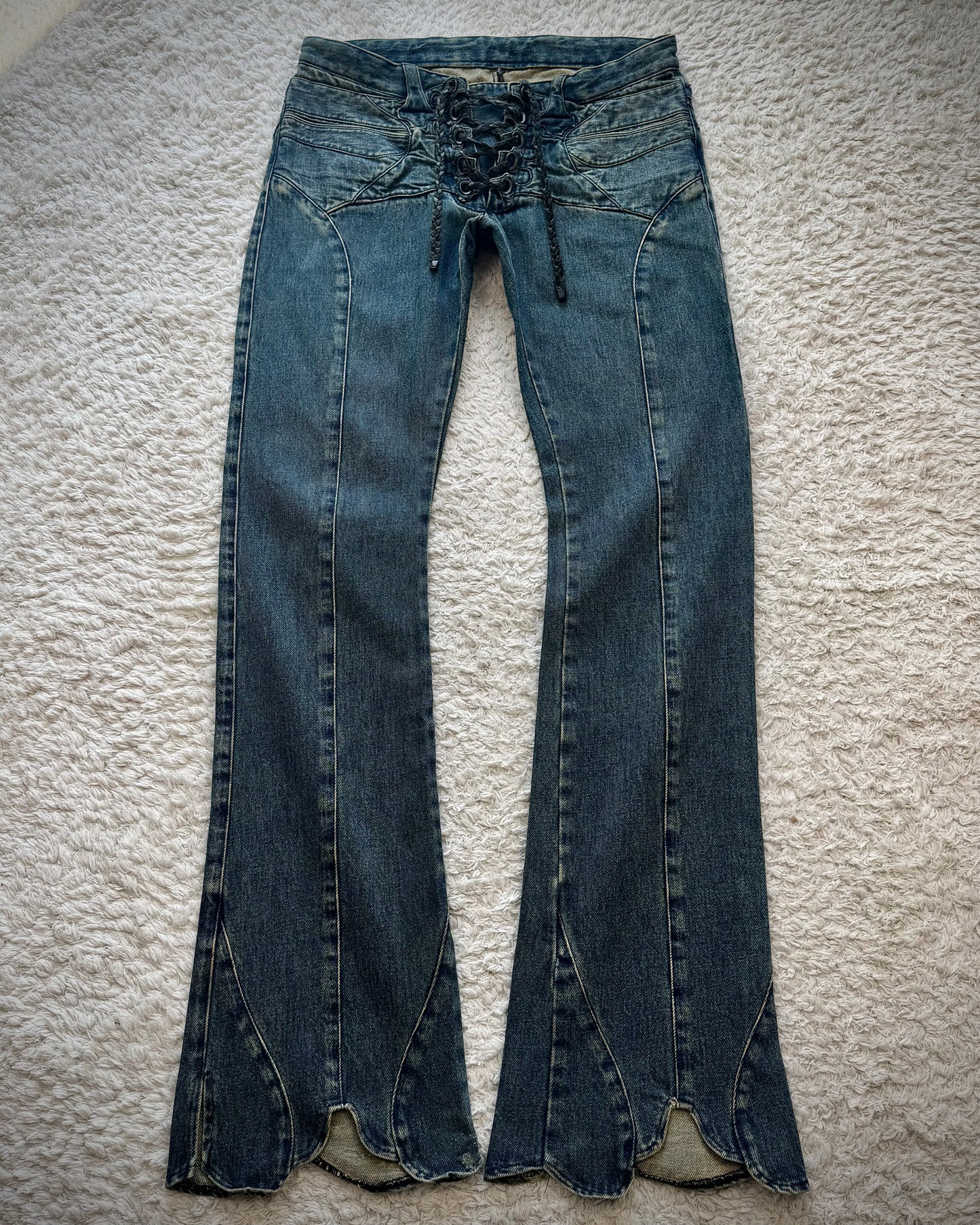 Henry Duarte Sculpted Hem Lace Up Flared Jeans