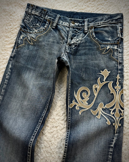 Tornado Mart Tribal Embroidery Spiral Flared Jeans