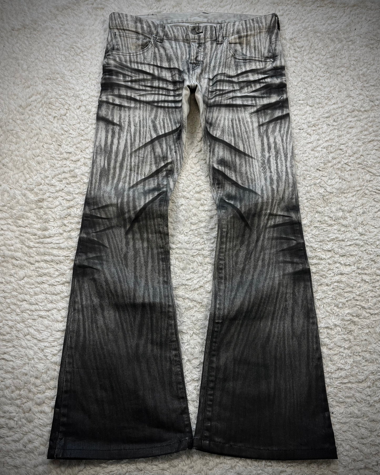 Tornado Mart Zebra Clawmarks Coated Flared Jeans