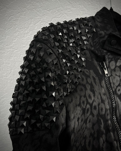 By The R Leopard Waxed Studded Lace Up Biker Jacket