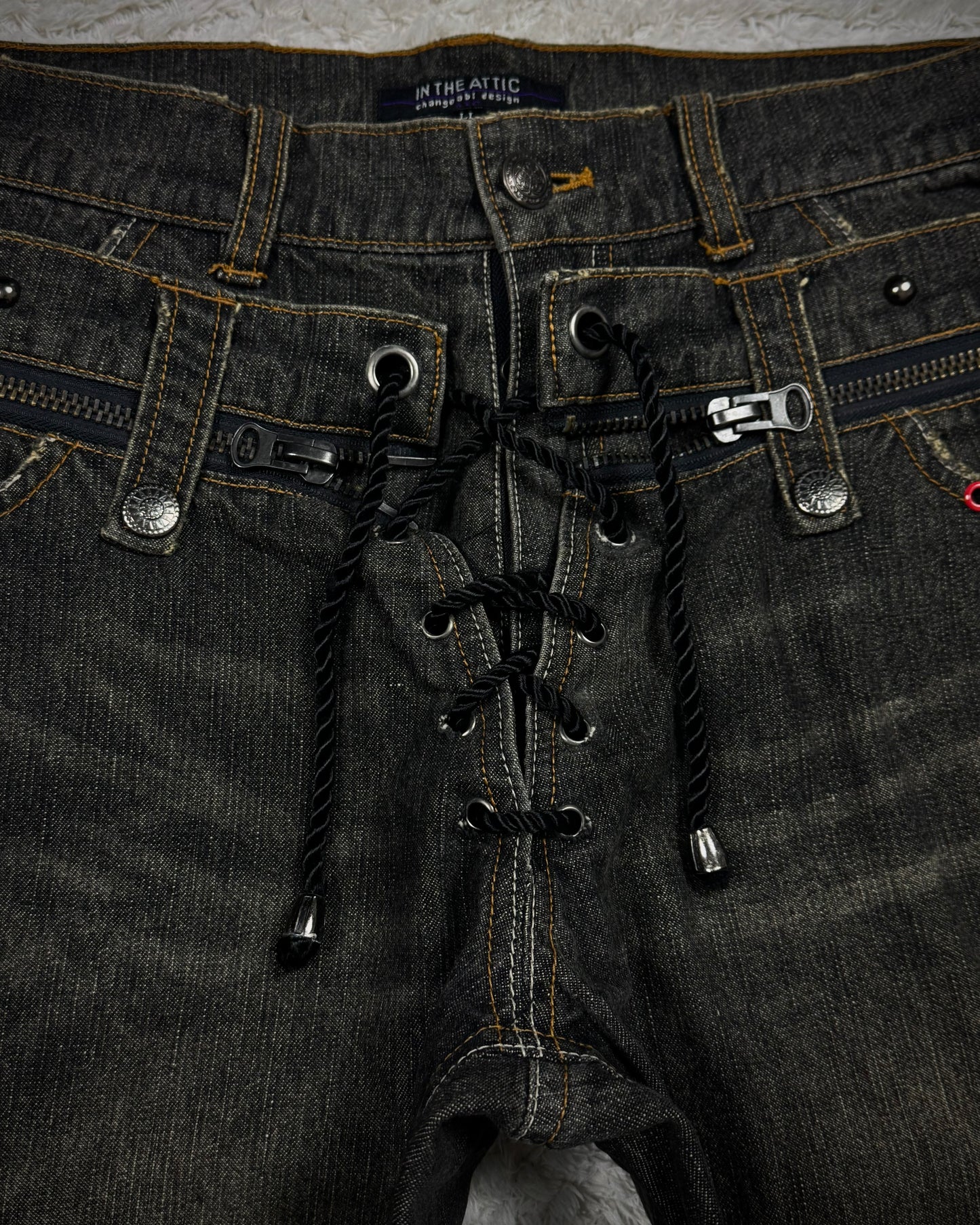 In The Attic Double Waisted Studded Lace Up Flared Jeans