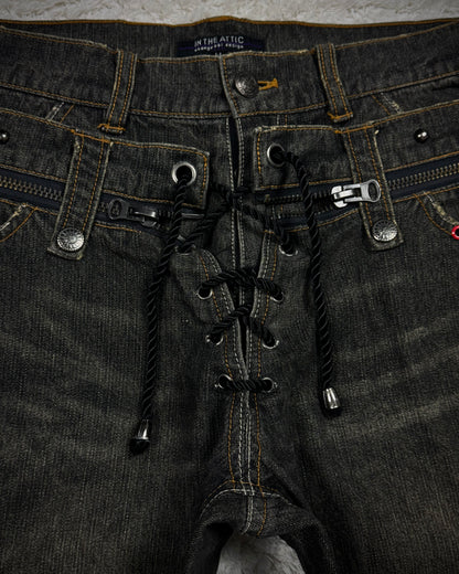 In The Attic Double Waisted Studded Lace Up Flared Jeans