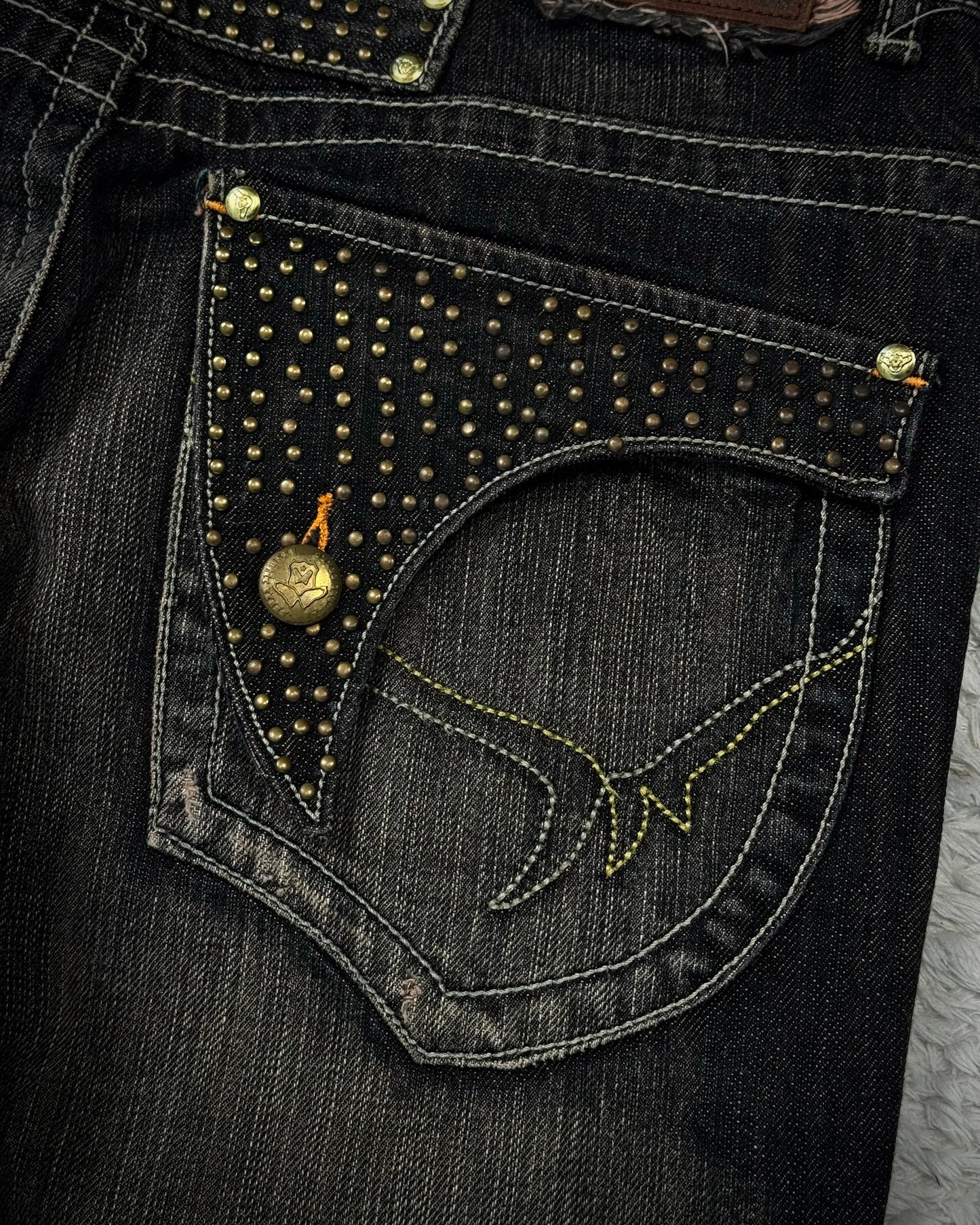 Snuff Studded Flap Pockets Flared Jeans