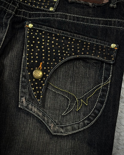 Snuff Studded Flap Pockets Flared Jeans