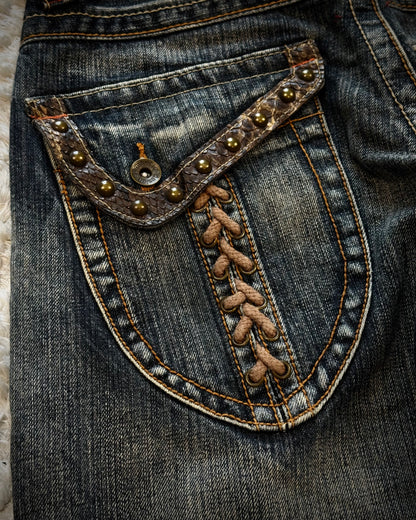 Semantic Design Python Detailed Lace Up Pocket Spiral Flared Jeans