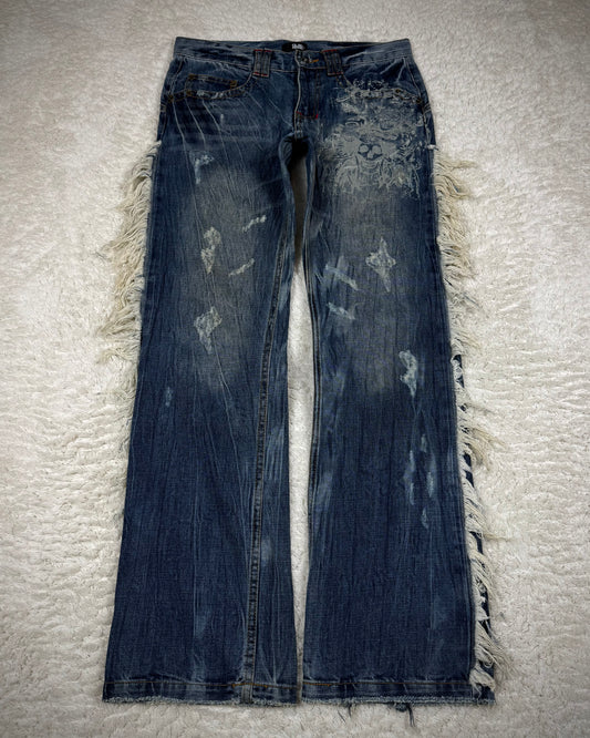 Glad News Fringed Skull Tattoo Print Bootcut Jeans
