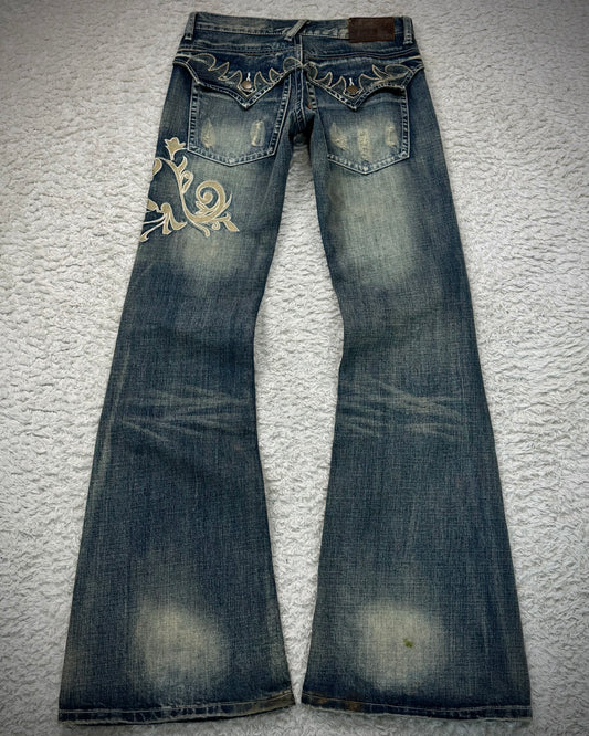 Tornado Mart Mud Washed Tribal Embroidery Flared Jeans