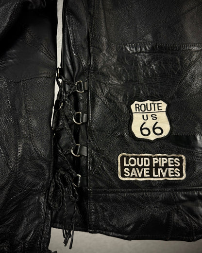 Diamond Plate Lace Up Buffalo Leather Patchwork Biker Jacket