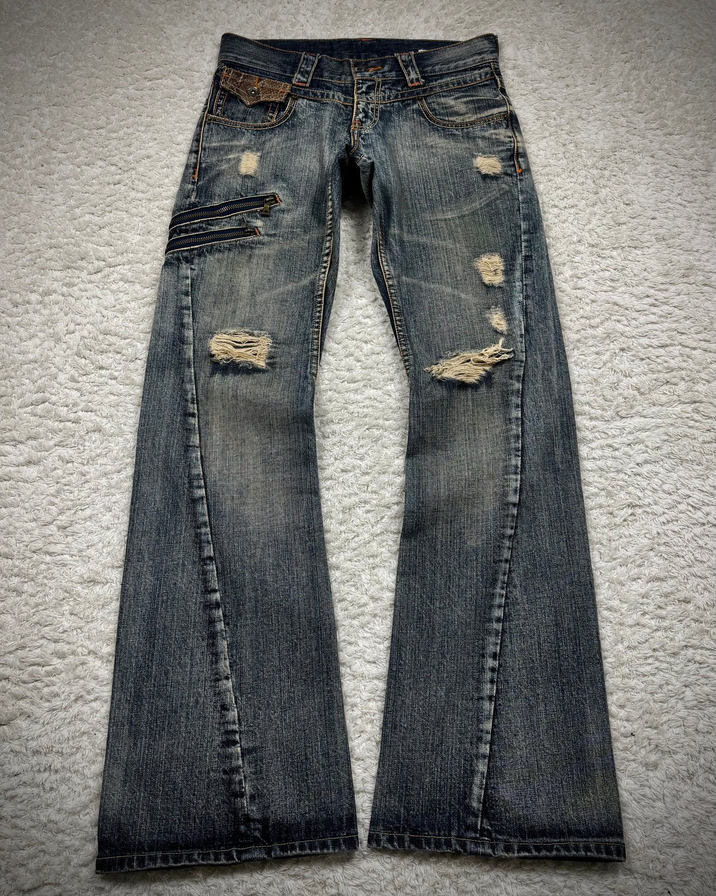 Semantic Design Python Detailed Mud Washed Spiral Flared Jeans