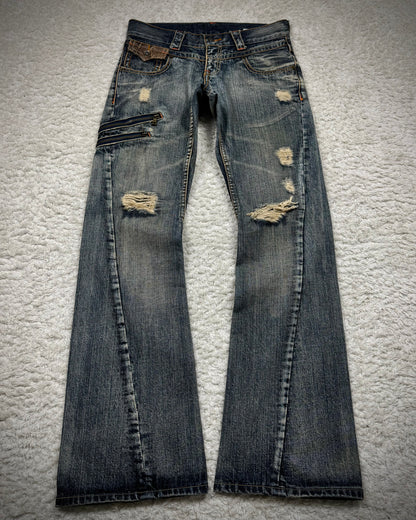 Semantic Design Python Detailed Mud Washed Spiral Flared Jeans