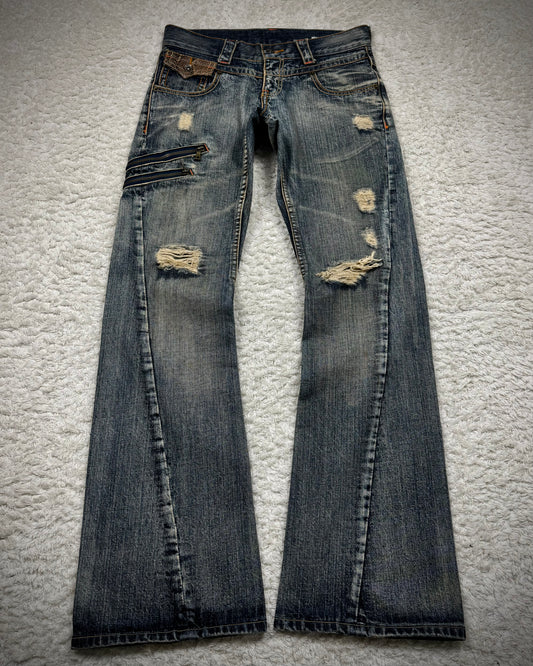 Semantic Design Python Detailed Mud Washed Spiral Flared Jeans