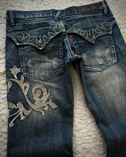 Tornado Mart Tribal Embroidery Spiral Flared Jeans
